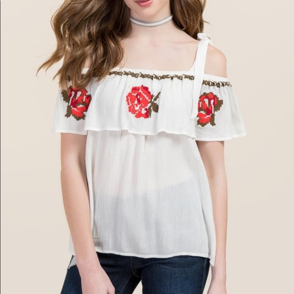 White embroidered rose cold shoulder tie top